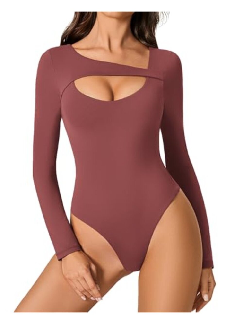 Long Sleeve Scoop Neck Bodysuit Cutout Double Lined Slim Fitted Leotard Top